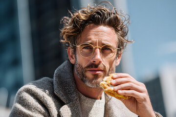 One man young adult modern caucasian male in the city in sunny day walk and eat sandwich fast food concept urban life copy space tourist eating on the street real person
