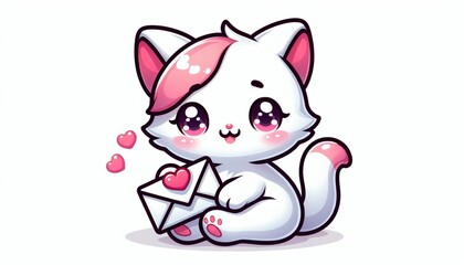 Fototapeta premium Adorable Pixel Art Kitten with Pink Accents Holding a Love Letter