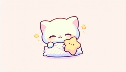 Fototapeta premium Cute White Kitten Sleeping with Star Pillow