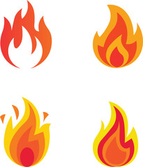 Set of four vibrant stylized fire flames on a clean white background