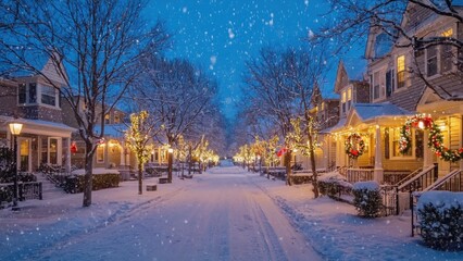 Obraz premium Charming neighborhood street adorned with Christmas decorations and twinkling lights. Soft snow blankets the ground as it falls gently from the sky at dusk