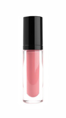 Obraz premium Glossy lip gloss container with sleek black cap, showcasing soft pink shade inside. Perfect for beauty enthusiasts and makeup lovers