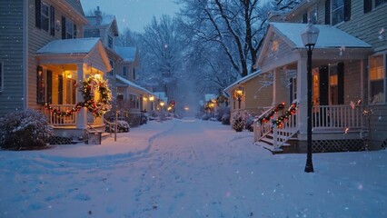 Fototapeta premium Residential street blanketed in snow features charming houses decorated with Christmas holiday lights and wreaths. The atmosphere is peaceful, with gentle snowfall in the evening