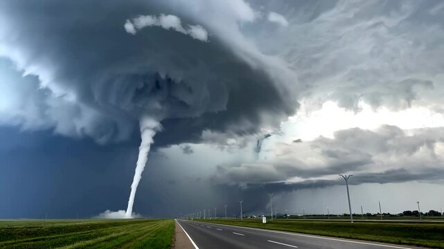Epic wide shot of a massive supercell storm with a tornado touching down over a rural highway