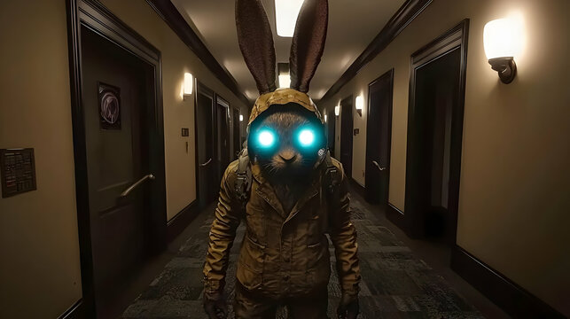 A creature with rabbit ears and glowing eyes, in a hallway.  It wears a hooded, weathered jacket