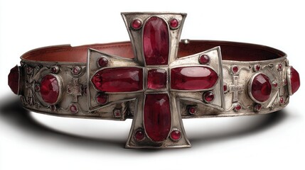 A detailed silver belt adorned with large red gemstones, showcasing intricate craftsmanship, Ideal for historical studies, costume design
