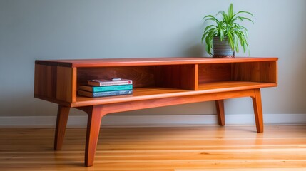 A stylish wooden console table, featuring open storage and complemented by a potted plant, ideal for home decor, interior design projects, or furniture catalogs