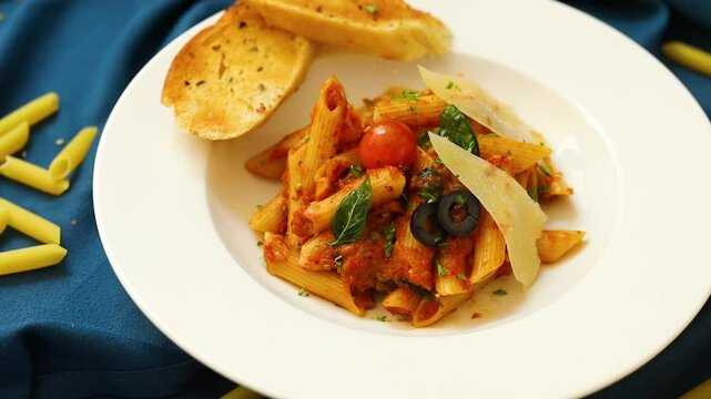 Penne pasta with cheese, cherry tomato and garlic bread on a white plate