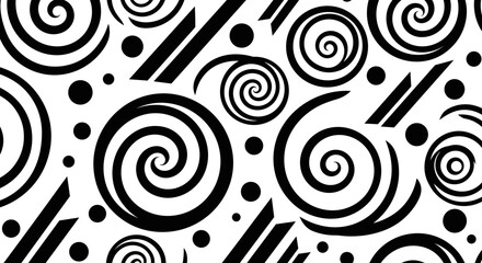 Abstract Black And White Spiral Pattern Design With Swirls And Dots On Clean Background