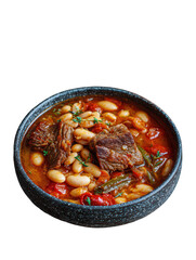 Close up of a bowl of beef and bean stew with tomatoes and herbs on a black background in soft lighting