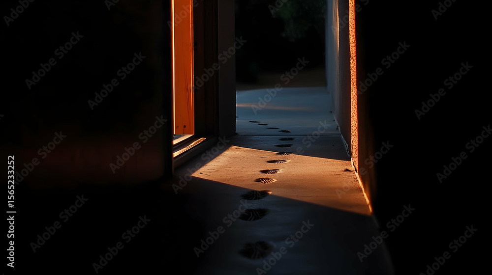 Poster sunlight streams through a doorway, illuminating footprints on a path