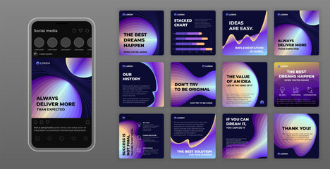 Social media post templates set with vector illustration on background. Instagram square posts layouts for personal blog.