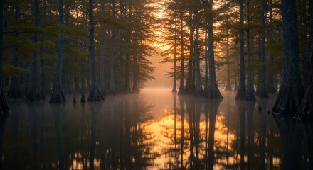 Golden Sunrise Illuminates Cypress Trees Reflected in Tranquil Waters, Misty Forest