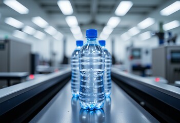 Clear plastic bottles filled with purified water on a conveyor belt Bottled Water