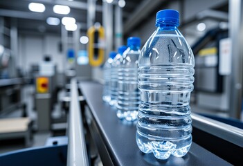 Clear plastic water bottles with blue caps on a production line in a factory