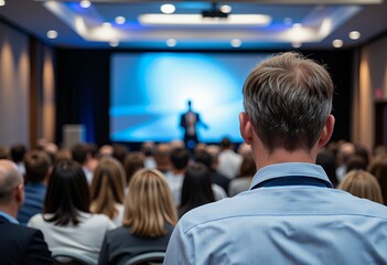 Diverse audience watches speaker presentation in modern conference hall with blue lighting