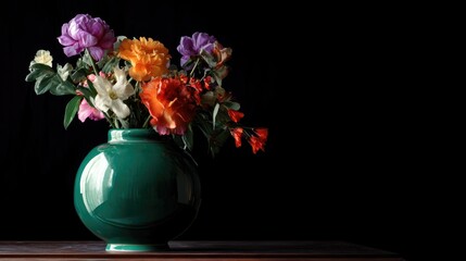 A beautiful and the colorful flower with vase on the red and black color background 