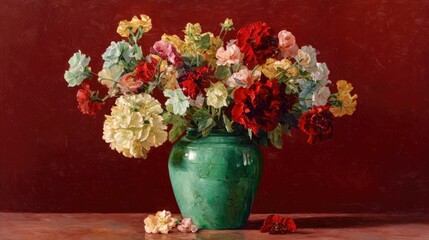 A beautiful and the colorful flower with vase on the red and black color background 