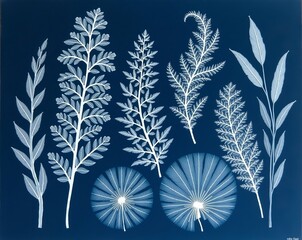 Blue cyanotype of plants, ferns, an ancient photographic process