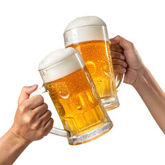 Two hands clinking large beer mugs filled with golden beer and frothy foam. The background is black, emphasizing the drinks.