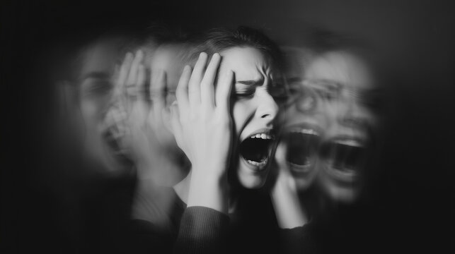 A surreal black and white portrait of a woman screaming, intense emotion, dramatic shadows, expressive face, abstract artistic style, dark mood, high contrast, emotional impact.