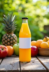 A glass bottle of orange juice sits on a wooden table with various fresh fruits