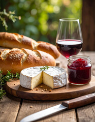fromage, confiture ,pain et verre de vin