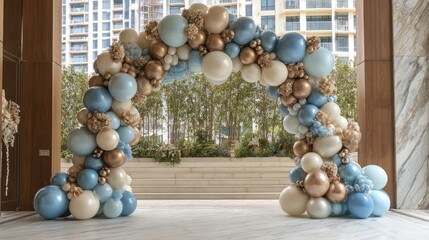 Celebration party banner with Blue white and gold color balloons background 