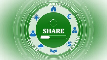 A Share concept button on a clear projection ,Business, Technology and network concept. Animated Dynamic wave of color particles. Digital technology background random dot 4K.