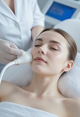 Woman receiving facial treatment with modern beauty device by professional in clinic