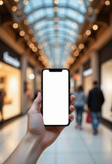 Hand holds a smartphone with a blank white screen in a blurred shopping mall with bokeh lights