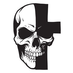 Artistic monochrome illustration of a skull with a cross overlay on a white background