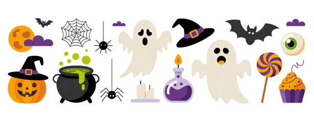 Spooky Halloween elements create a festive flat design perfect for decorations, invitations, or digital art projects with ghosts, bats, pumpkins, transparent background