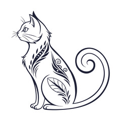 Elegant Tribal Cat Illustration with Floral Pattern – Decorative Animal Line Art Design .