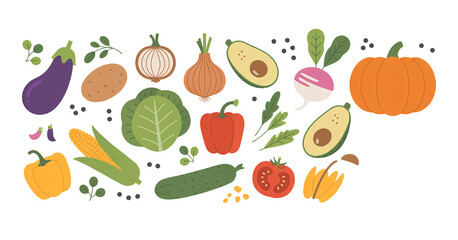 Fresh produce vector illustration showcases a delightful array of vegetables, including pumpkin, tomato, onion, and corn, perfect for culinary design, transparent background