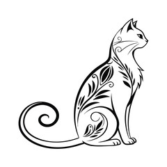 Elegant Tribal Cat Illustration with Floral Pattern – Decorative Animal Line Art Design .