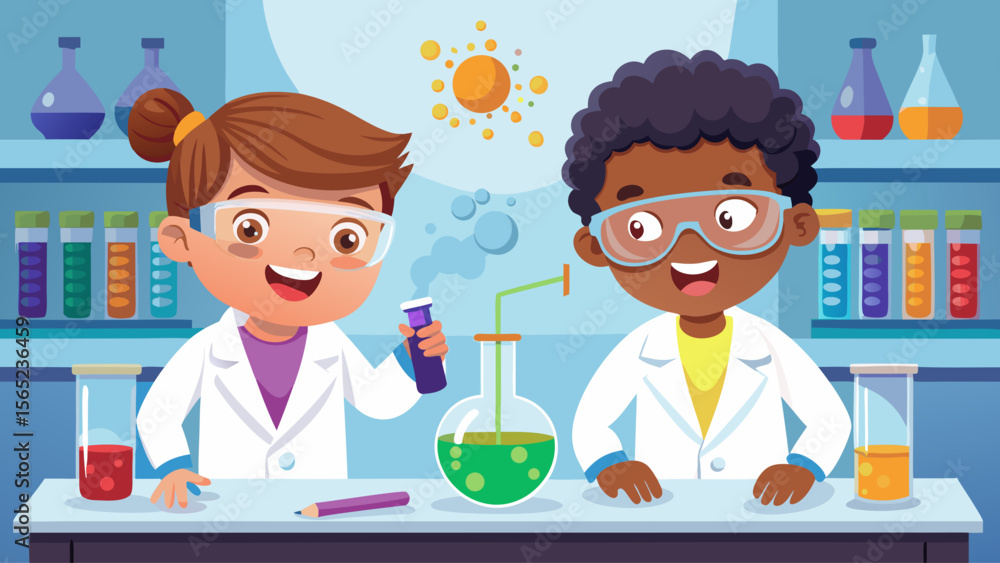 Poster two children in lab coats are smiling and holding test tubes. they are in a science lab. the lab is 