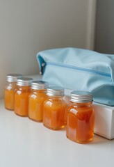 Five glass bottles filled with orange liquid sit in a row next to a light blue cosmetic bag