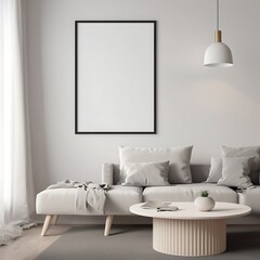 Frame mockup, ISO A paper size. Living room wall poster mockup. Interior mockup with house background. Modern interior design. 3D render

