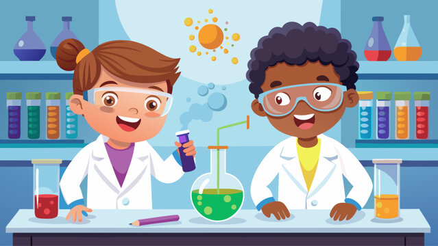 Two children in lab coats are smiling and holding test tubes. They are in a science lab. The lab is filled with various chemicals and equipment