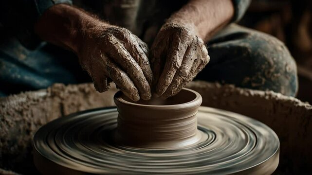 In a serene workshop, a dedicated artisan molds wet clay into an elegant pot, hands skillfully working as the wheel spins. The natural light enhances the artistry of creation.