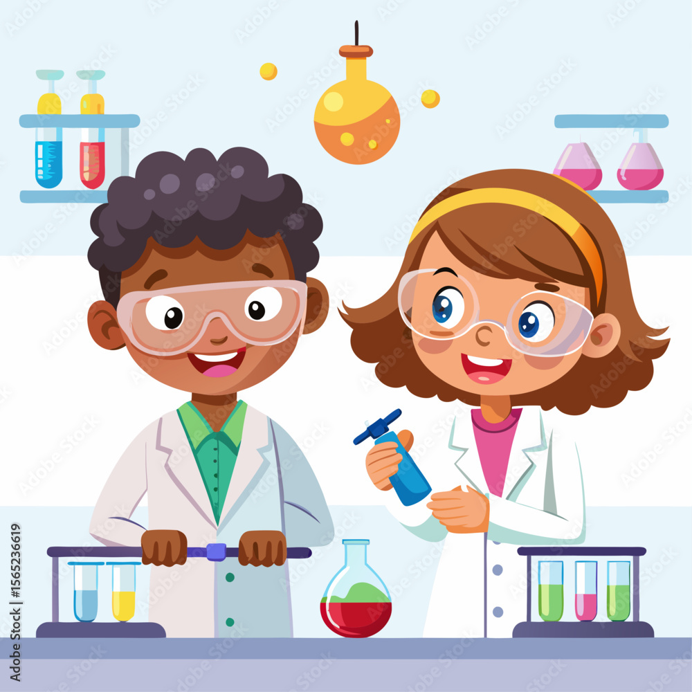 Poster two children in lab coats are smiling and holding test tubes. they are in a science lab. the lab is 