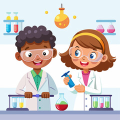 Two children in lab coats are smiling and holding test tubes. They are in a science lab. The lab is filled with various chemicals and equipment
