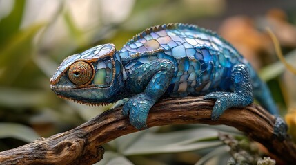 Fototapeta premium Chameleon on poly branch, color changing facets