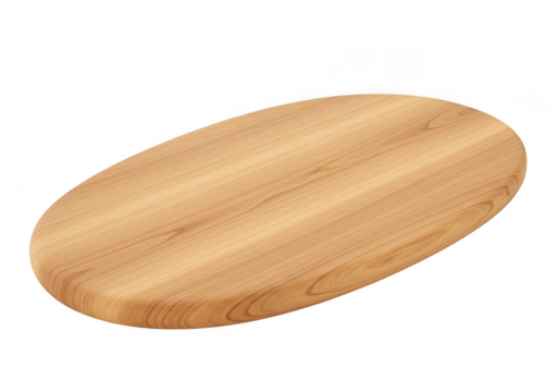Smooth oval wooden cutting board with natural wood grain isolated on transparent background