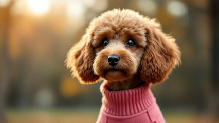 Brown poodle in pink sweater