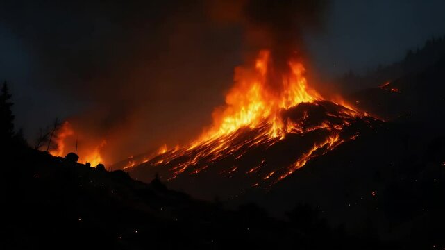 Intense Wildfire Erupting on Mountain Slope Under Night Sky