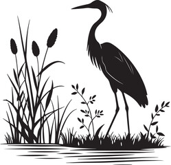 Heron or Crane Silhouette in Wetlands – serene and elegant vector art