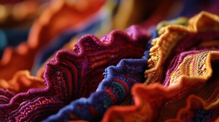 Close-up view of colorful, textured fabric with intricate details.