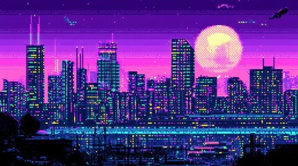 Pixelated cityscape at night with a full moon.